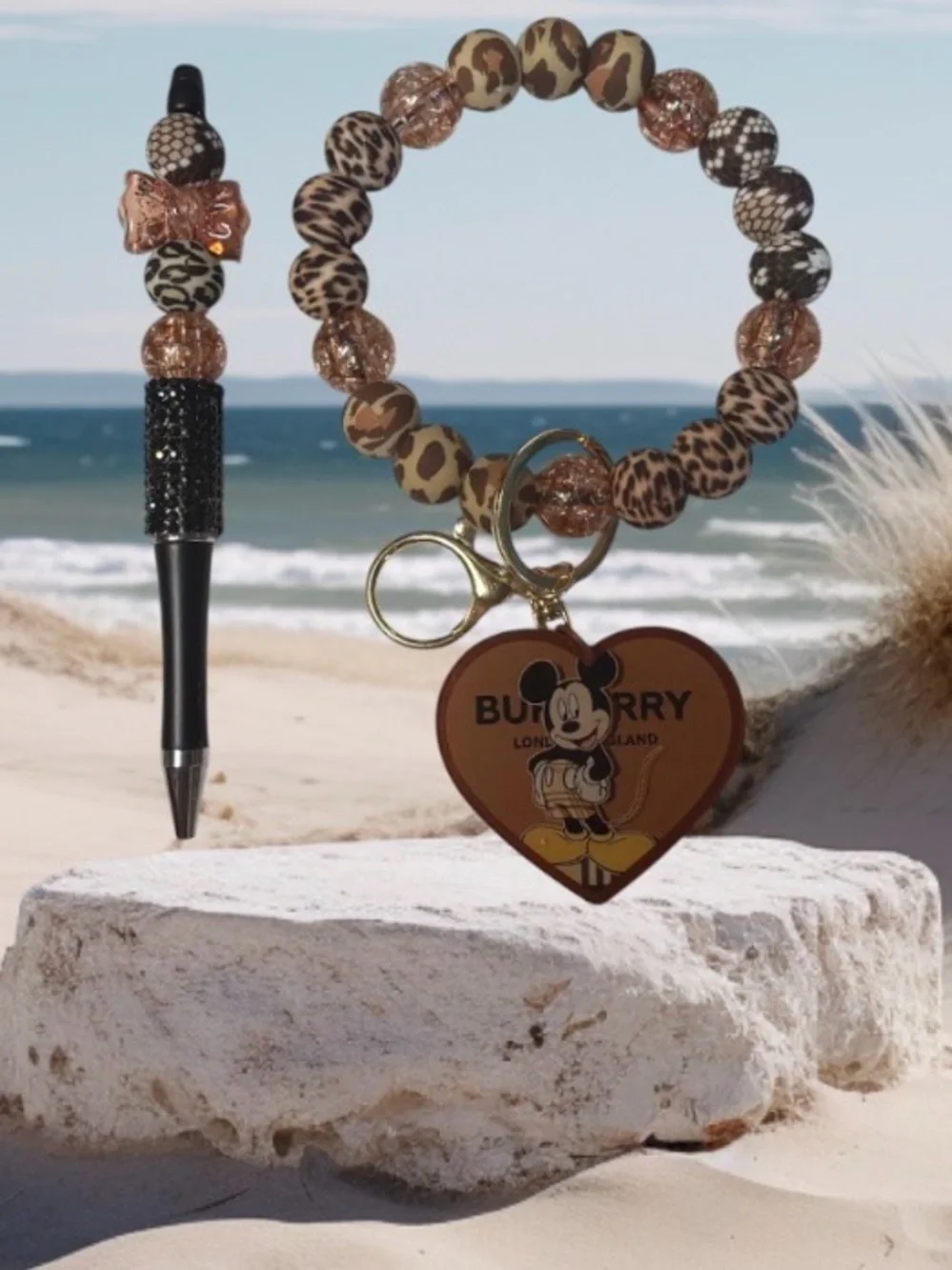 Hand Crafted Brown Leopard Pen & Beaded Wristlet Keychain with Inspired Charm